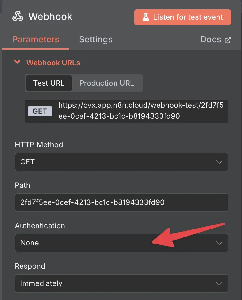 Screenshot of a n8n webhook trigger node detail settings without authentication