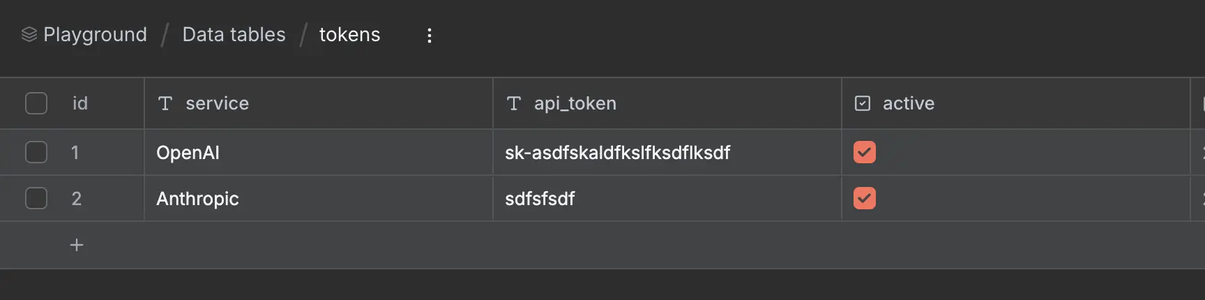 data tables with API Keys as example