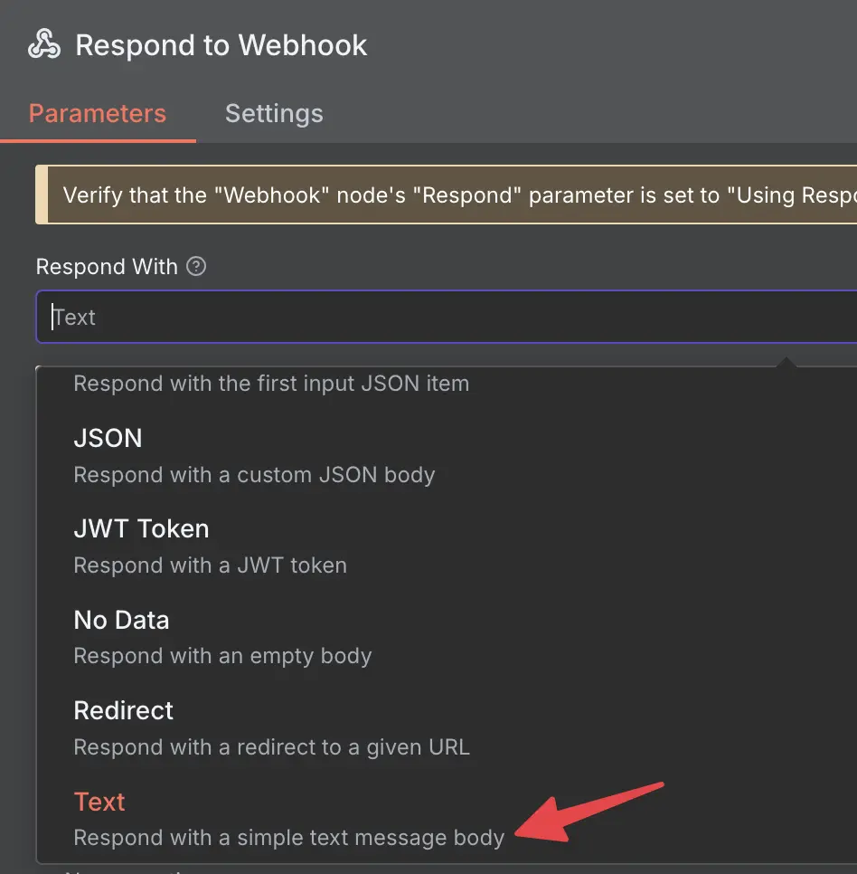 Settings of respond to webhook